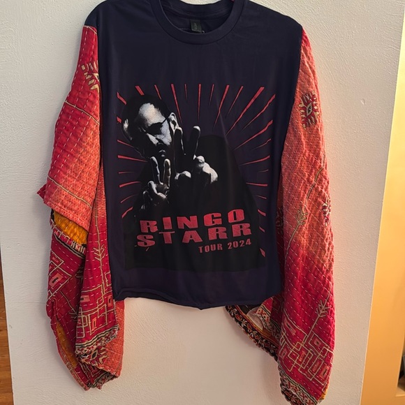 Ringo Starr Tops - RINGO STARR Kantha Band TShirt Poncho Top w sleeves Handmade Boho One of a Kind